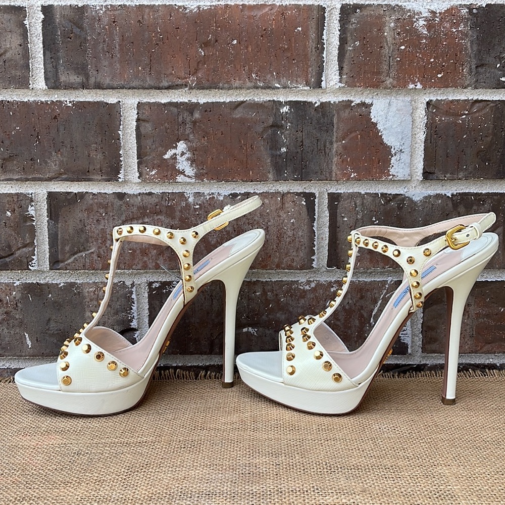 PRADA Saffiano Leather Studded Platform Sandals 38 - Picture 8 of 11